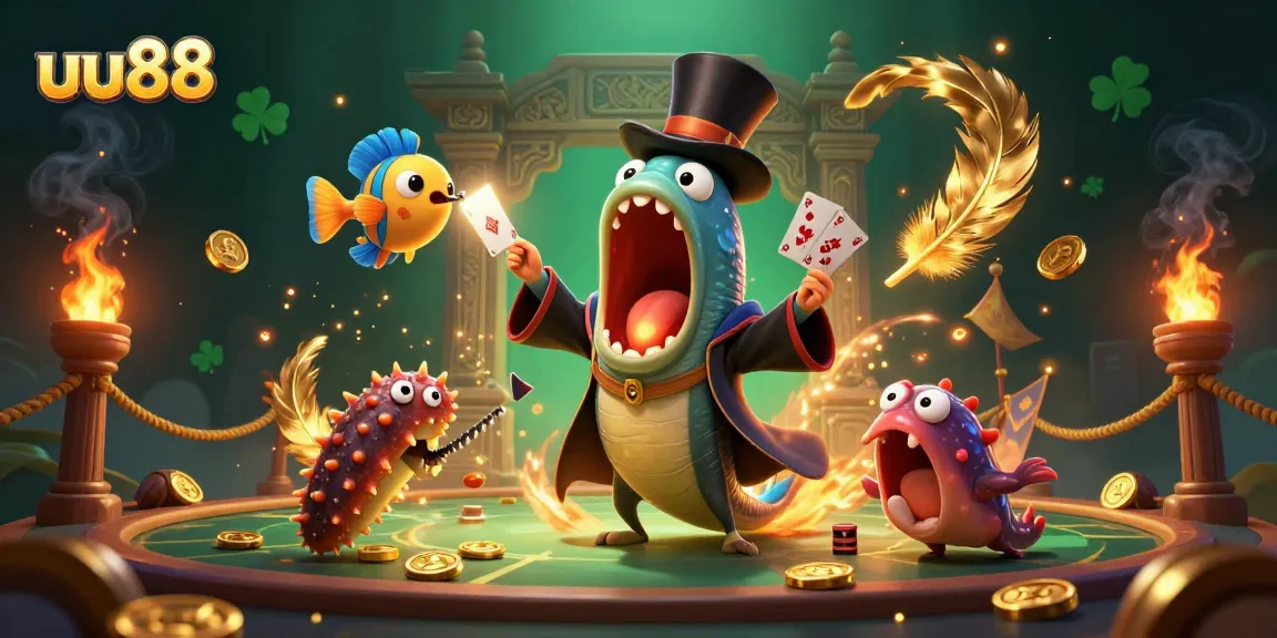Experience magical card tricks with uu88's whimsical underwater casino characters and vibrant gaming elements.
