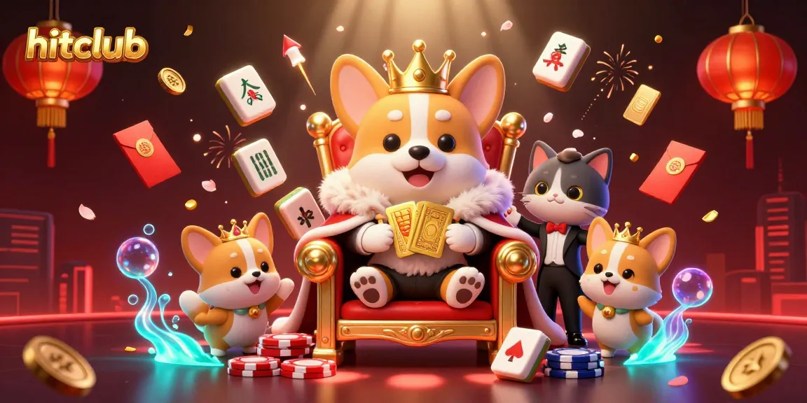 Play exciting games at hitclub with a vibrant 3D scene featuring a royal corgi and animated casino elements.