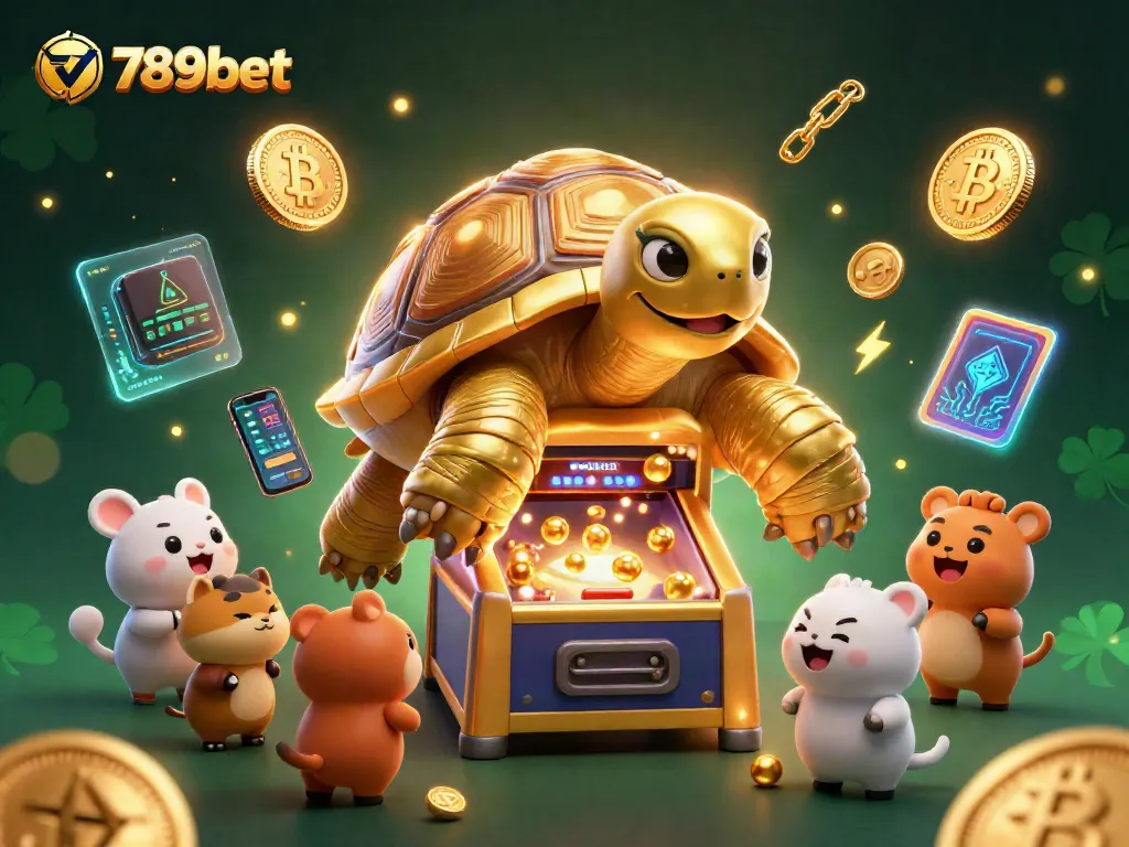 Engage in thrilling games at 789bet, featuring a colossal tortoise pinball machine and vibrant crypto elements.
