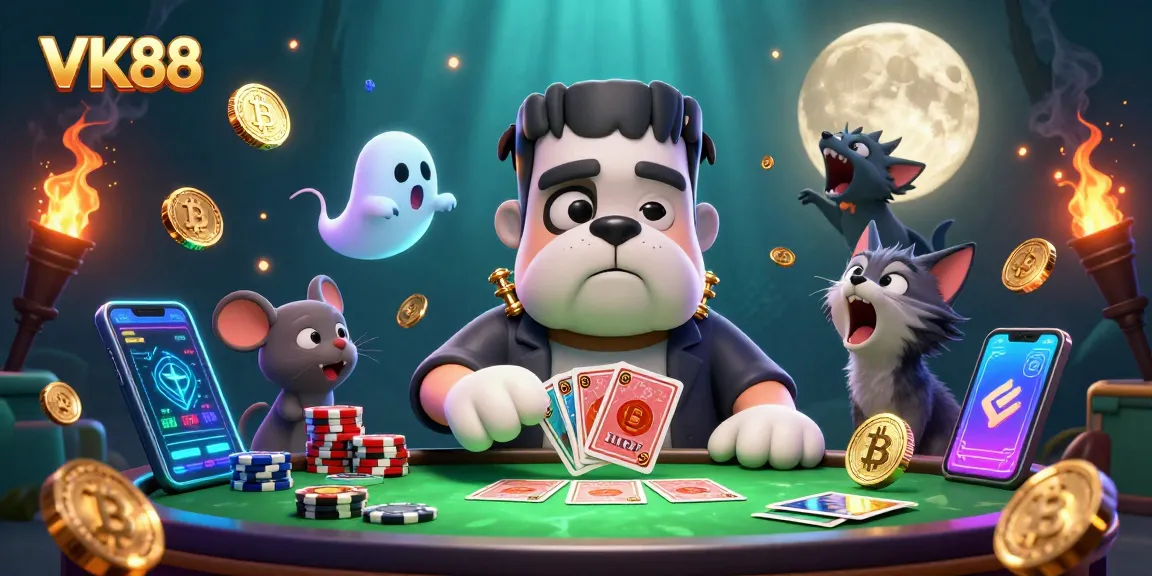 Engage with VK88's vibrant casino atmosphere led by a Frankenstein bulldog dealer.
