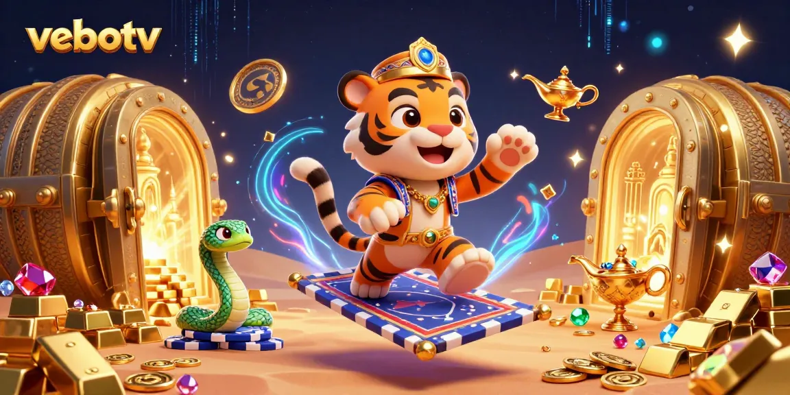 Experience vebotv with a vibrant 3D scene showcasing a tiger sultan and treasures of gambling.