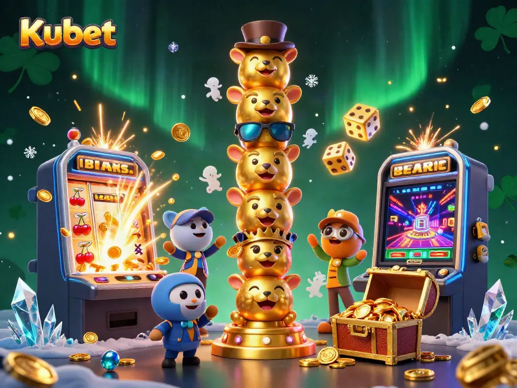 Kubet players enjoying exciting slot games with vibrant illustrations and a totem showcasing casino culture.