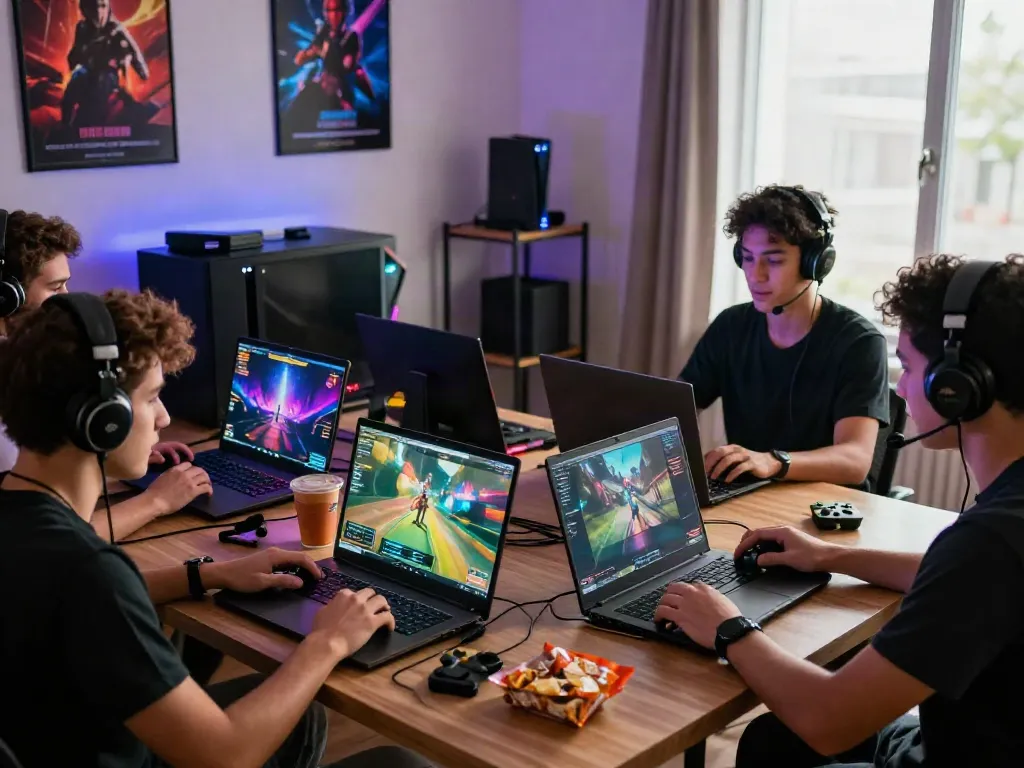 Friends enjoying gaming together at home, showcasing https://choinohu.vip/ vibrant atmosphere.