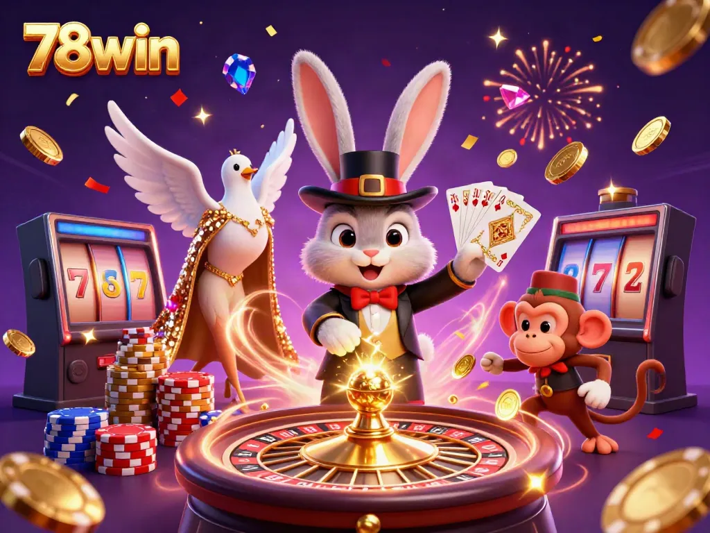 Win big at 78win with the magician rabbit pulling golden coins, creating a lively casino scene.