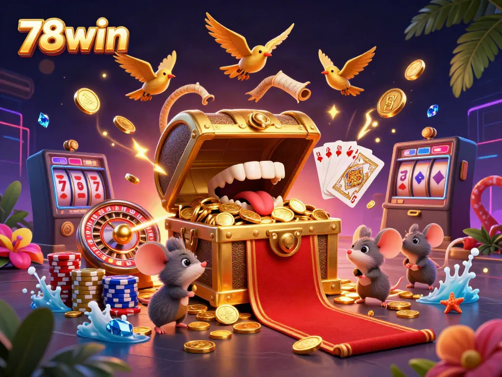 Experience thrilling wins at 78win with dynamic casino elements showcasing golden treasures and festive animations.