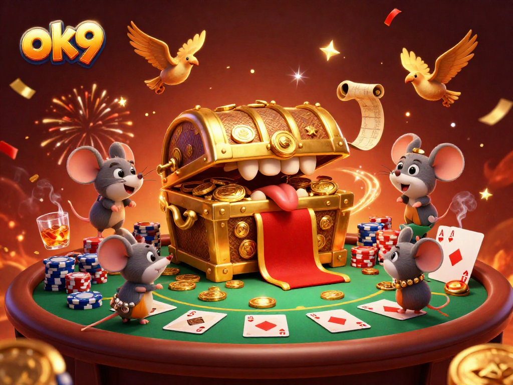 Experience thrilling wins at ok9 with a vibrant casino-themed 3D illustration.