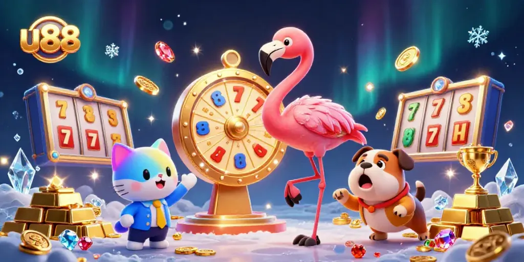 Play exciting games at u88 with colorful characters and rich prizes in a casino-themed illustration.