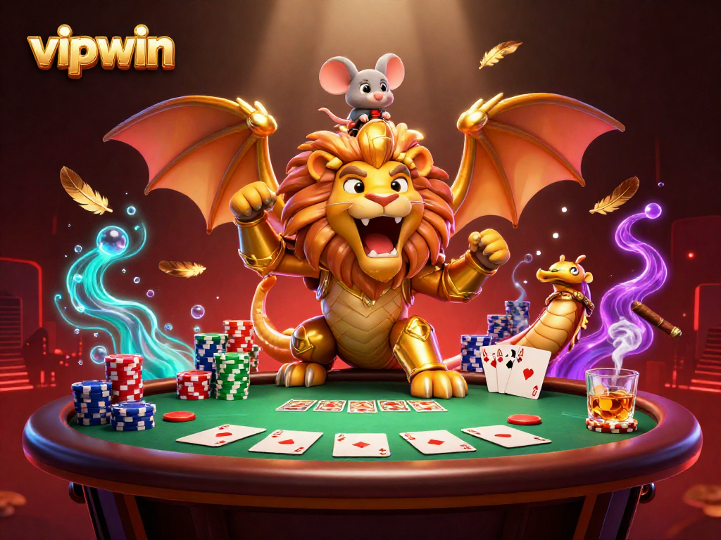 Engage with the vibrant vipwin casino adventure featuring a roaring chimera and poker elements.