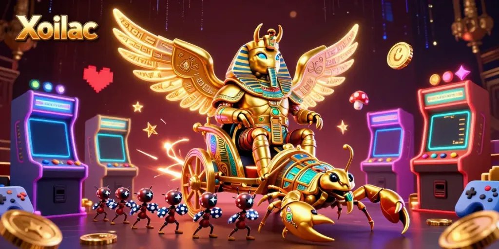 Xoilac provides thrilling casino excitement with a golden scarab beetle and glowing elements in this vibrant 3D scene.