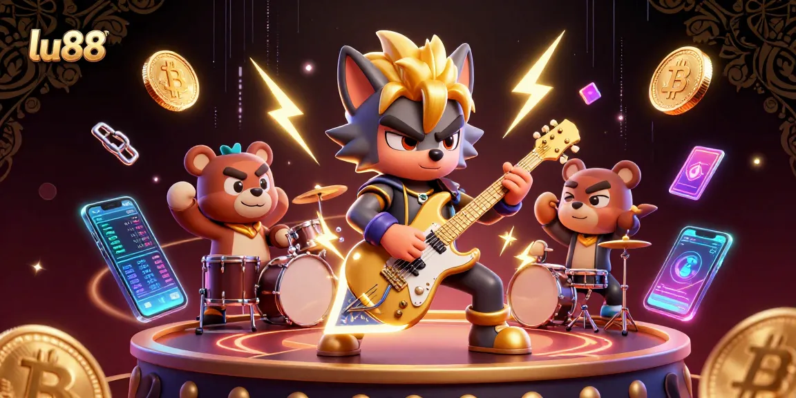 Experience the thrill of lu88 casino with a dynamic 3D illustration featuring a rock star wolf and a bear drummer amidst cryptocurrency motifs.