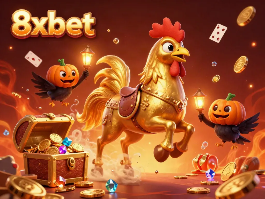 Experience thrilling excitement with 8xbet in a vibrant casino scene featuring a golden rooster and glowing companions.