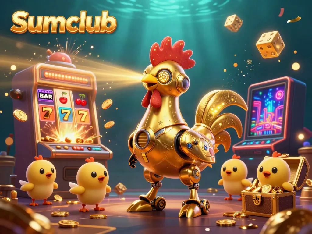 Experience the exciting world of Sumclub with a golden rooster robot surrounded by dynamic casino elements.