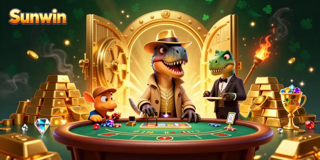 Experience the exciting world of Sunwin as a velociraptor card counter and stegosaurus pit boss engage in a thrilling casino scene.