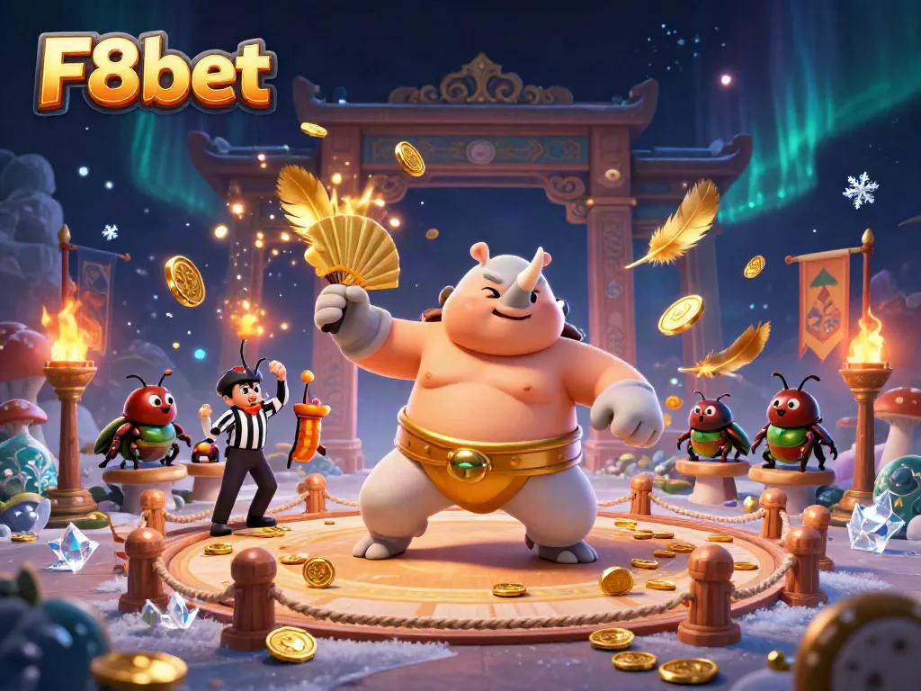 Experience the excitement at F8bet with a dynamic 3D scene featuring a beetle sumo champion and vibrant casino elements.