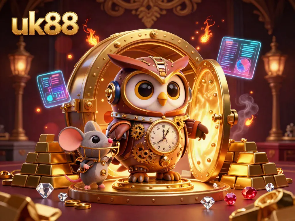 Experience thrilling gaming at uk88 with a dynamic scene featuring an owl and mouse within a rich casino atmosphere.