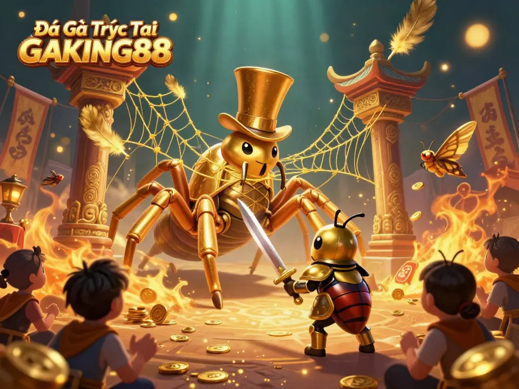 Experience Đá Gà Trực Tiếp GAKING88 in a vibrant arena with a giant tarantula and beetle knight amidst gold coins and feathers.