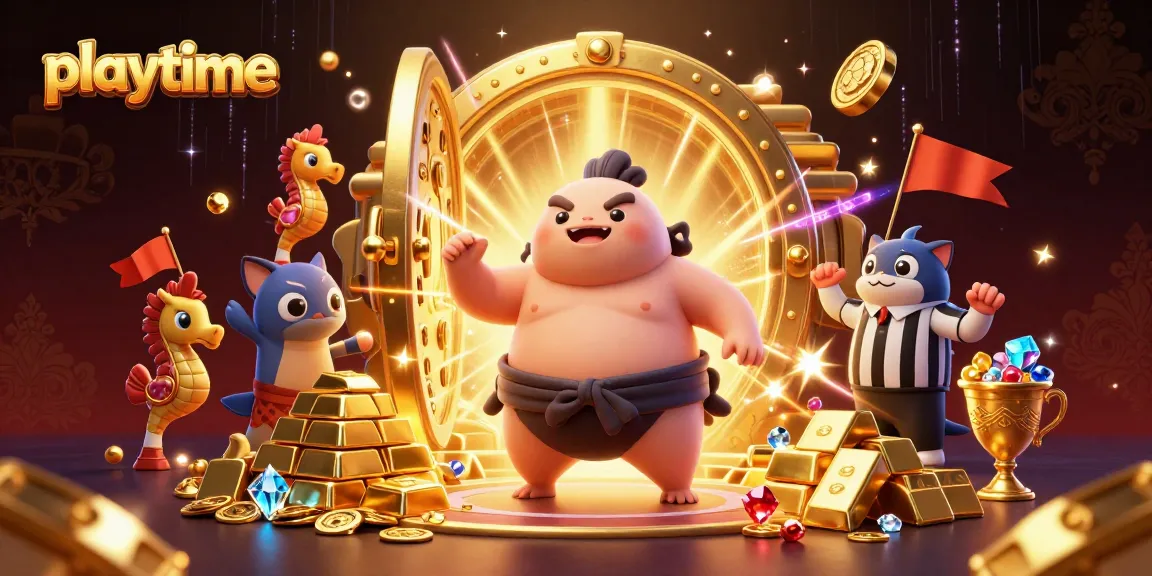 Experience excitement at Playtime with vibrant 3D characters celebrating casino wins amid dynamic treasures.