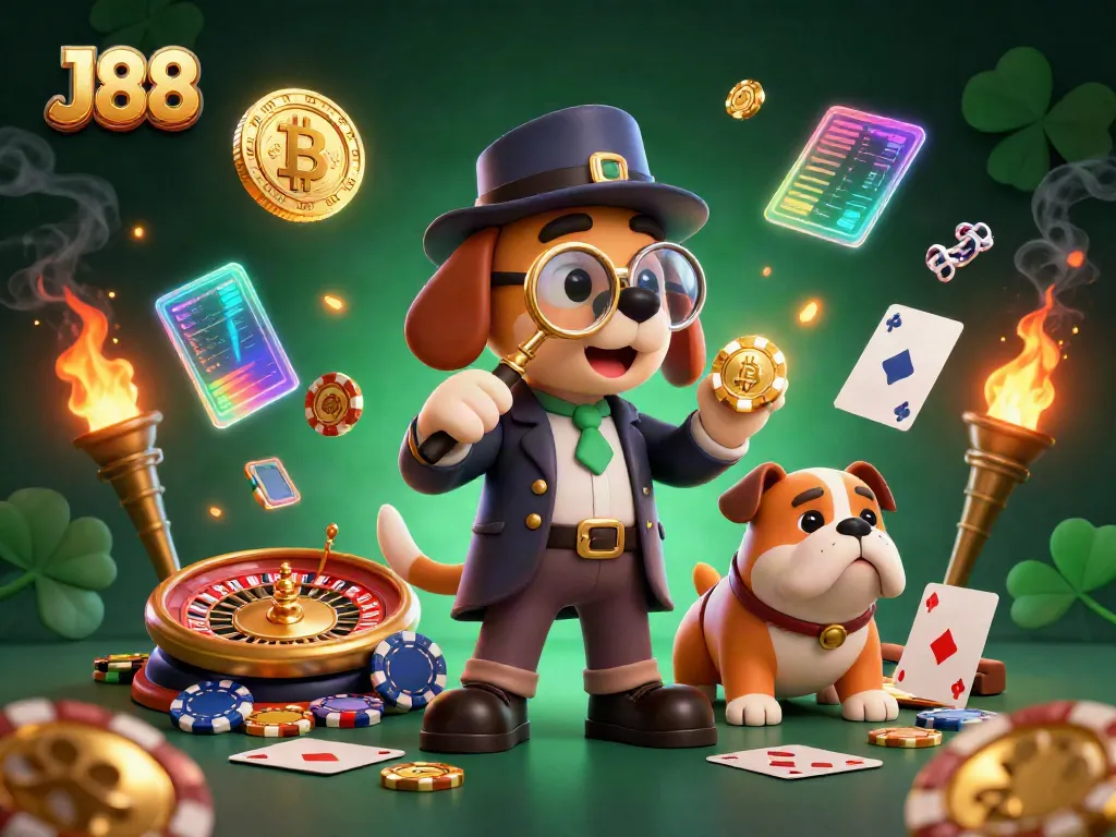 Engage with J88 casino adventures featuring a detective examining poker clues, amidst vibrant gaming elements.