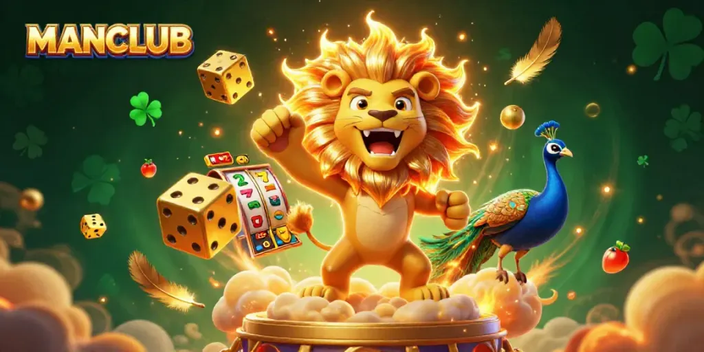 Experience the excitement of MANCLUB with dynamic golden dice, a roaring lion, and casino reels.