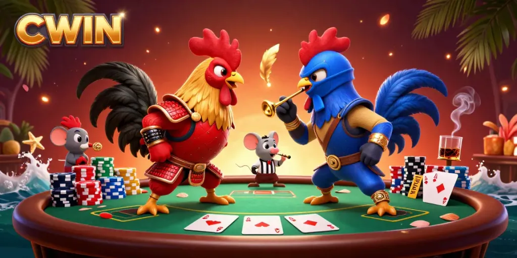 Experience an epic showdown between CWIN's pixelated roosters at the ultimate poker battle.