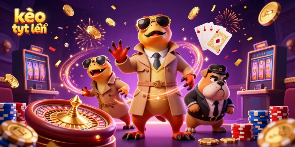 Experience kèo trực tuyến excitement with cartoon raptors entering a casino, showcasing vibrant gaming elements.