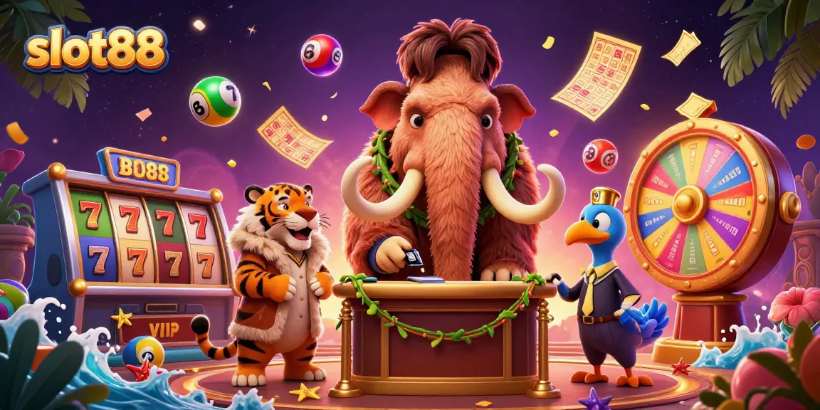 Experience the excitement of slot88 with a dynamic scene featuring a casino bouncer and a saber-tooth tiger.