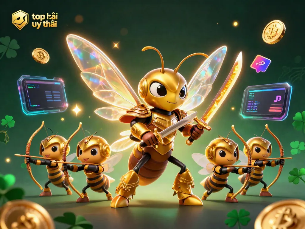 Experience the thrill of top nhà cái uy tín with a dynamic 3D scene of gambling-themed characters surrounded by neon crypto elements.