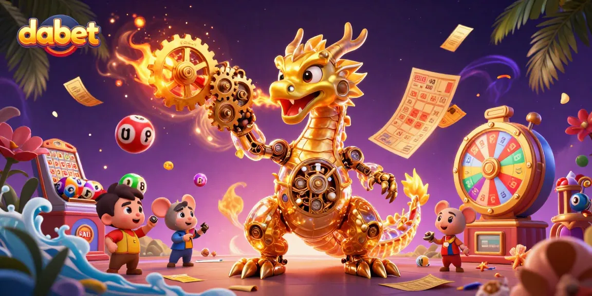 Experience the thrill of gaming at Dabet with a mechanical dragon and vibrant lottery elements.