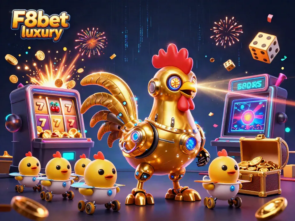Engage with F8bet luxury at a vibrant, colorful casino scene featuring dynamic characters and explosive game elements.