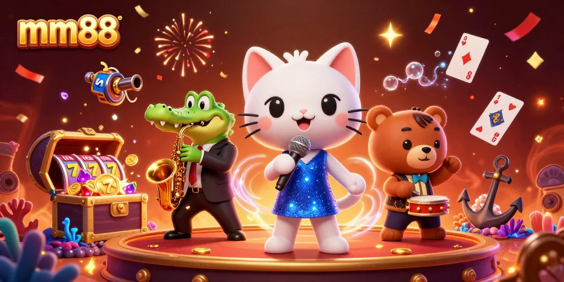 Experience excitement with mm88 in a vibrant casino scene featuring colorful cartoon characters.