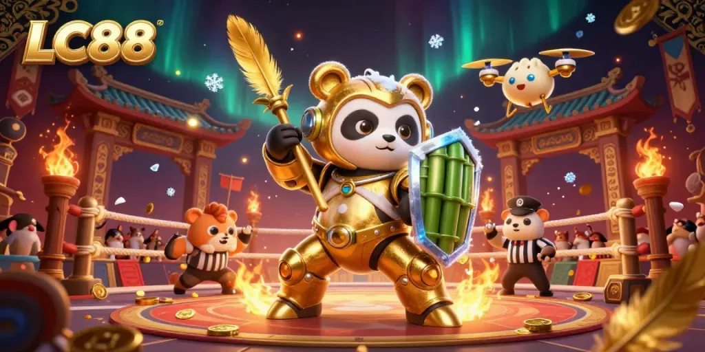 Experience excitement at LC88's casino-themed arena with a vibrant panda robot and dynamic gambling elements.