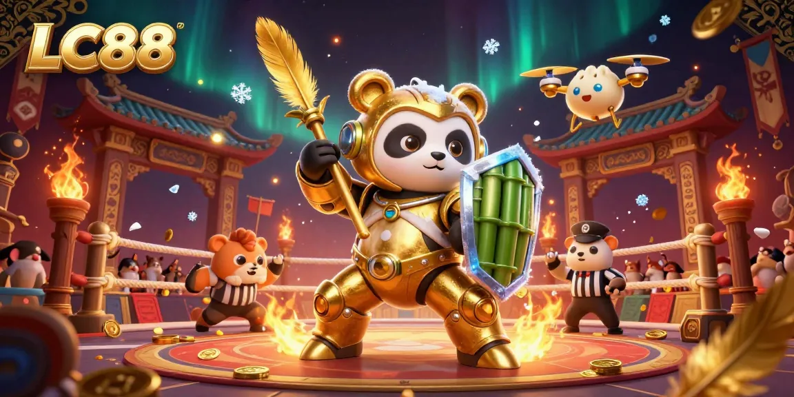 Experience excitement at LC88's casino-themed arena with a vibrant panda robot and dynamic gambling elements.