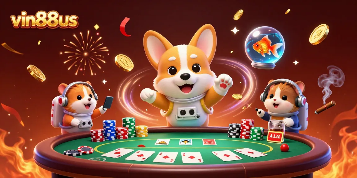 Play poker with vin88us in a thrilling space casino scene featuring unique characters.