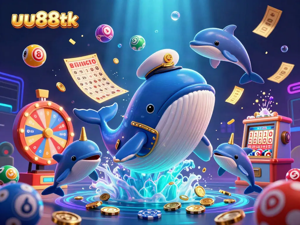 Win big at uu88tk with a vibrant 3D casino scene featuring a whale, narwhal, and dolphins amidst lottery elements and a colorful prize wheel.