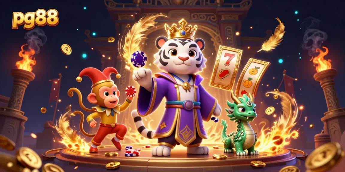Experience the thrill of pg88 with a majestic tiger and lively monkey in a vibrant casino atmosphere.
