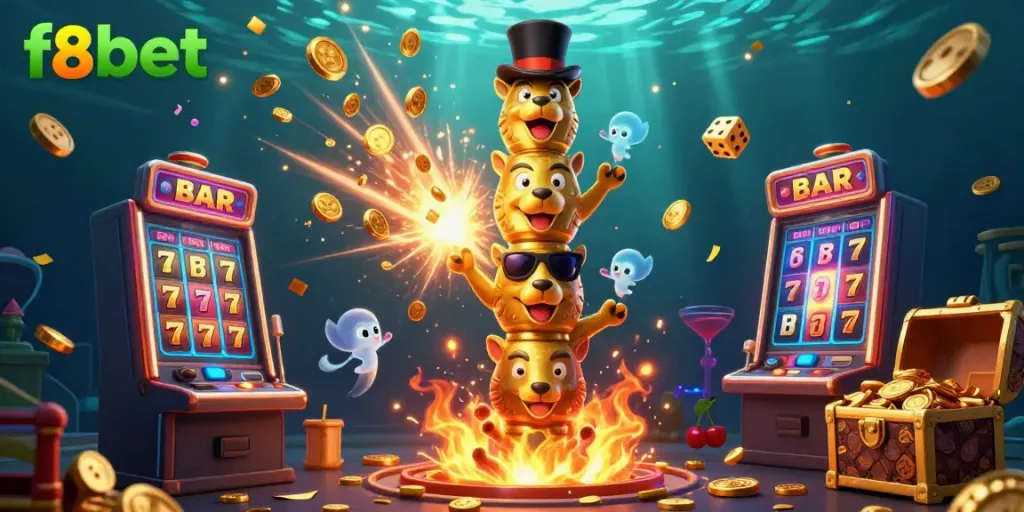 Engage with the vibrant f8bet gaming experience through animated casino elements like a lively totem and slot machine explosion.