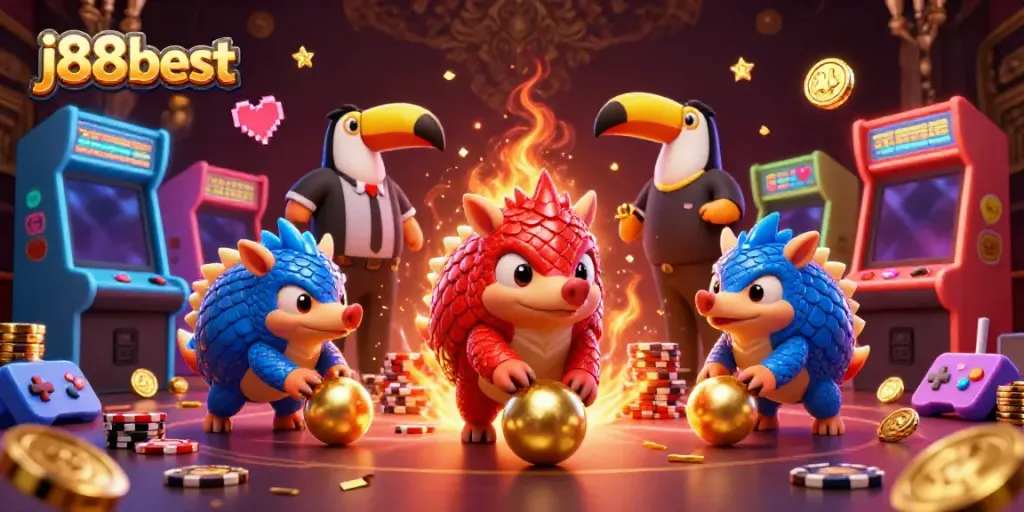 Experience thrilling games and promotions with j88best featuring colorful pangolins and festive casino elements.
