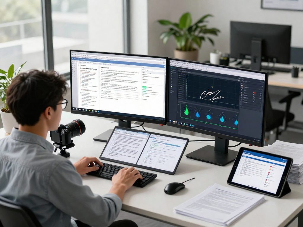 Professional analyzing document fraud detection software in a high-tech workspace with dual monitors.