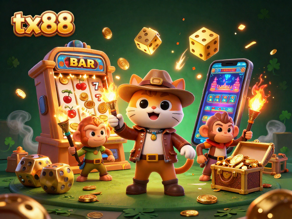 Experience thrilling gaming adventures with tx88 in a vibrant 3D casino setting full of treasures.