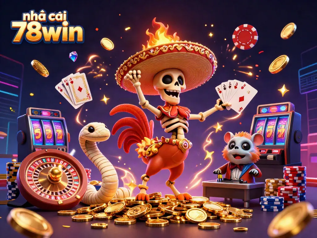Experience the thrill of nhà cái 78win with vibrant casino characters celebrating a victory on a gold coin pile.