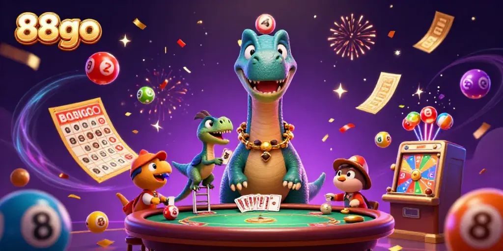 Join the excitement of 88go as the brontosaurus towers over a lively casino scene with games and colorful prizes!