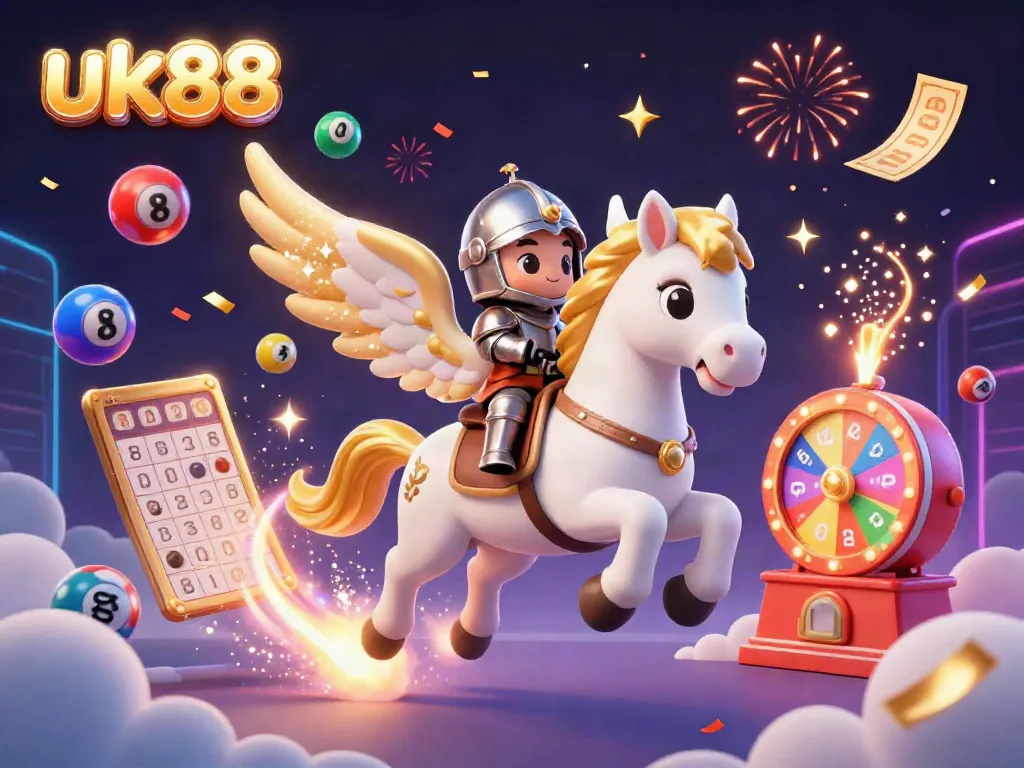 Experience the excitement of uk88 with a celestial white horse and knight amidst a colorful casino celebration.