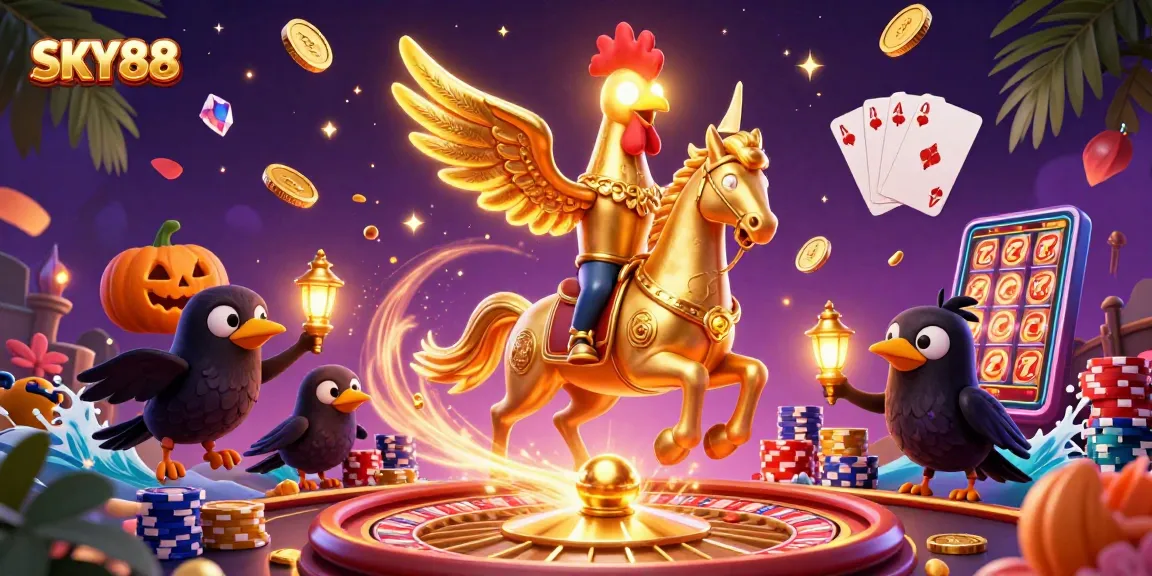 Experience the magic of SKY88 with our golden rooster character and vibrant casino scene!