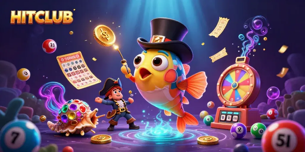 Engage with HITCLUB featuring anglerfish and pirate shrimp in a vibrant casino-themed ocean.