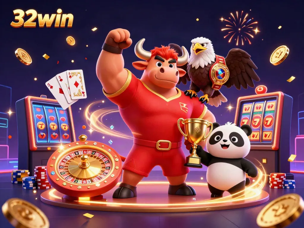 Experience excitement at 32win with a vibrant victory scene full of casino elements.