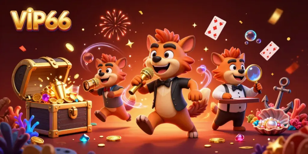 Experience the dynamic VIP66 casino scene with hyena characters and lively gameplay elements.