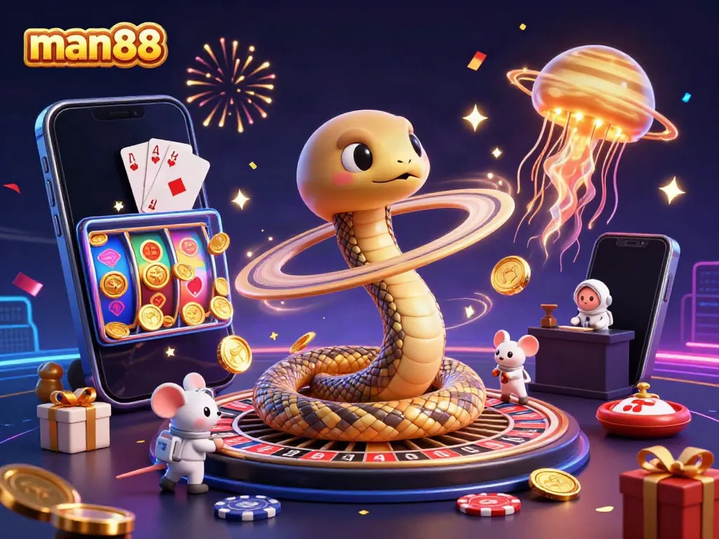 Experience thrilling gameplay with man88 through vibrant 3D illustration of a cosmic casino scene.