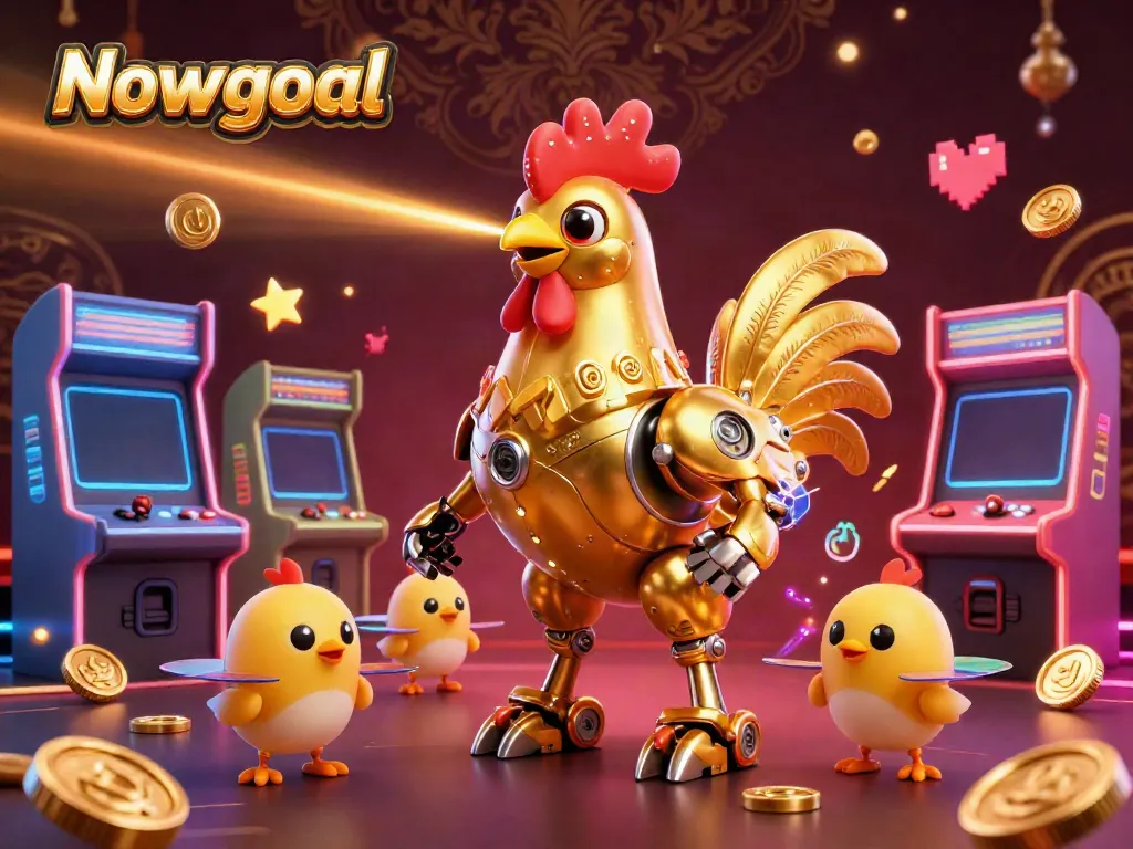 Experience Nowgoal's dynamic sports betting scene with golden rooster robot and baby chick drones.