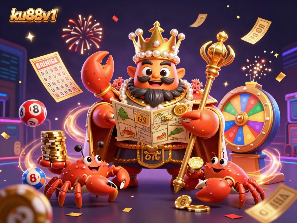 Experience the vibrant excitement of ku88v1 with a golden crab emperor amidst colorful gambling elements.
