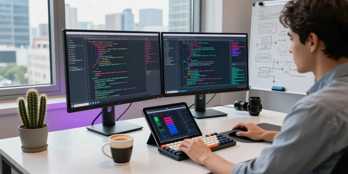 Engaging tech workspace with developer using crush ai tools, vibrant monitors, and urban skyline.